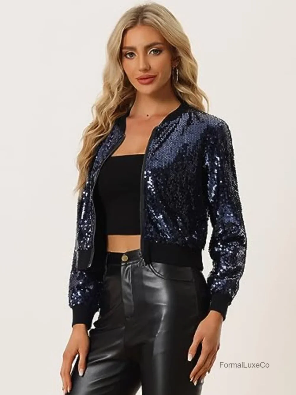 Sequin Bomber Jacket Sparkly Zip Front Cropped Glitter Party Disco Outfit